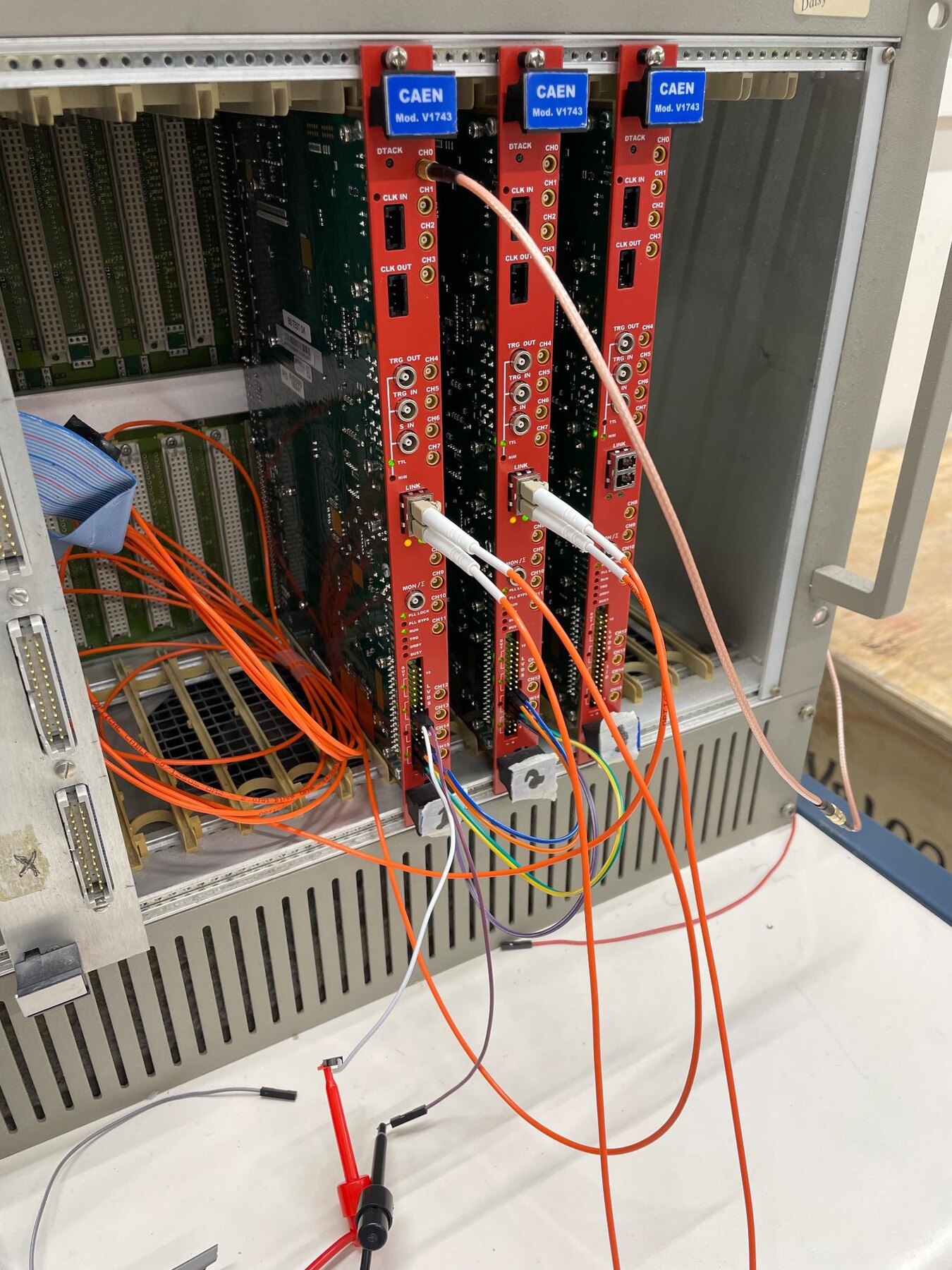 CAEN V1743 waveform digitizers connected during MilliQan DAQ testing